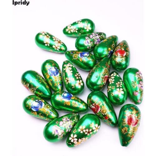 5 Pcs/lot 11x22mm Green Resin Teardrop with Japan Painting Vintage, Drop by Hand-painted fit Earrings Necklace jewelry