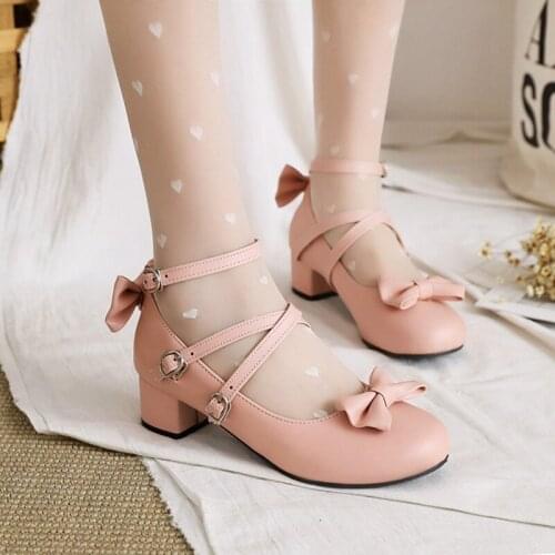 BLXQPYT Women Seven Color Lolita Single Shoes with Thick Heel Cute Bowtie Girls Princess Wedding Shoes Big Size 28-50 265