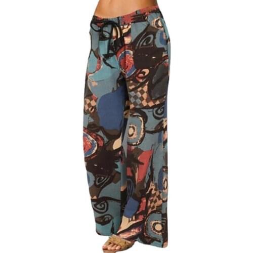 Ladies Wide Leg Printing Women Retro Pants Bottoms Elastic High Waist Drawstring Casual Long Trousers Fashion Loose Streetwear