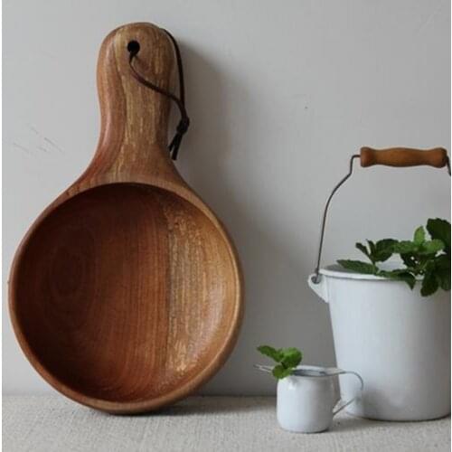 Japanese Style Handmade Wooden Bowl with Handle Kitchen Restaurant Tableware