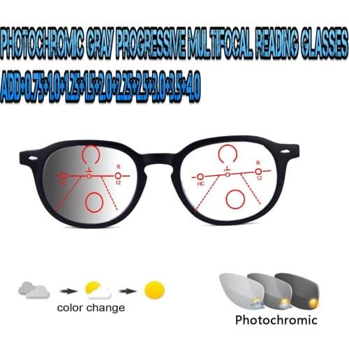 Photochromic Gray Progressive Multifocal Reading Glasses Men Women Ultralight Round+1.0 +1.5 +1.75 +2.0 +2.5 +3 +3.5 +4