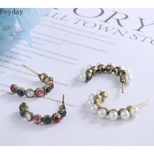 HF JEL Vintage Women Earrings Simulated Pearls Rhinestone Round Small Hoop Earring for Women Party Fashion Jewelry
