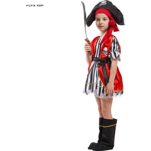 Red Girls Halloween Skeleton Pirate costume Kids Children Pirates of the Caribbean Cosplay Carnival Purim Stage Play party dress