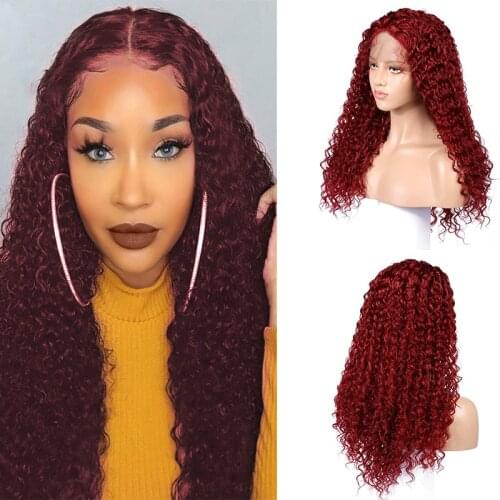 180% Density 99j Kinky Curly Synthetic Lace Front Wig For Black Women with Baby Hair Synthetic Hair Preplucked 26Inch Burgundy