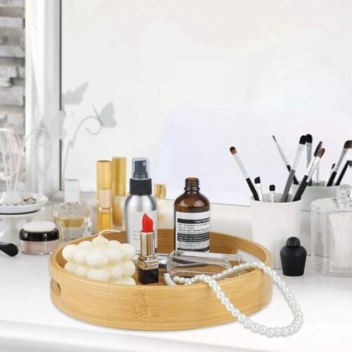 HGHO Natural Round Serving Tray Set Wooden Bamboo Circle Tray with Handles for Coffee Table Food Restaurant Home Party