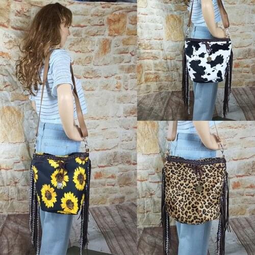 New Fashion PU Leather Sunflower Tassel Crossbody Purse Women Deer Printed Shoulder Bag Cow Fringe Message Purse