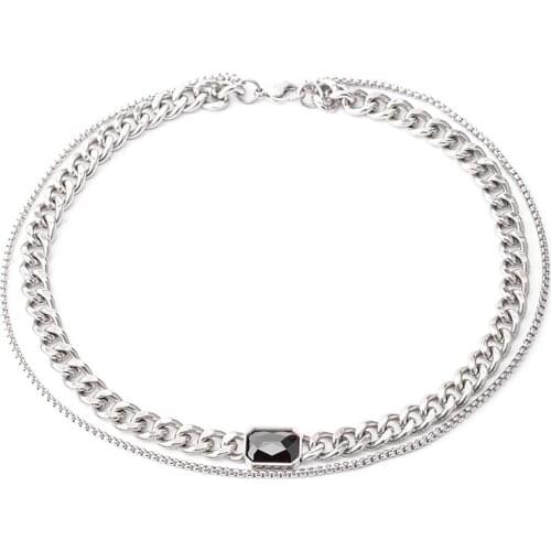 Punk Fashion Stainless Steel Black Glass Pendant Cuban Sweater Necklaces For Men Jewelry Gift