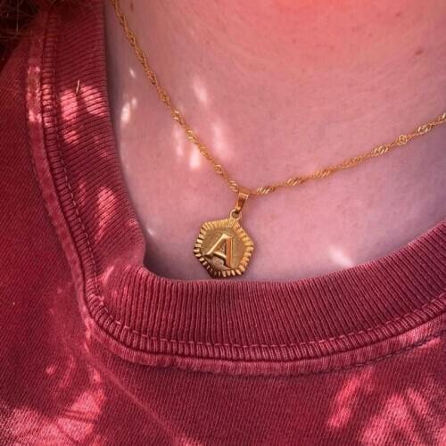 A-Z Initial Necklace For Women Goth Hexagon Engraved Letter Necklace Stainless Steel Chain Choker Necklaces Boho Jewelry BFF