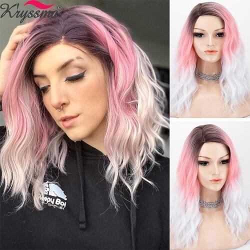 Kryssma Colorful Rainbow Bob Wigs Short Wavy Synthetic Wigs 3 Tones Orange White Yellow Pink Mixed Black Cosplay Wigs For Women