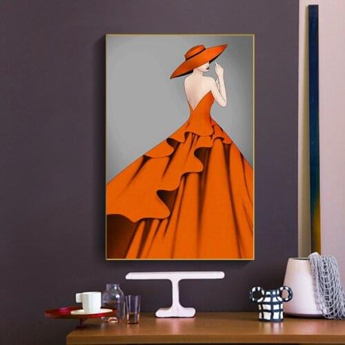 Orange Dress Woman Poster Modern Fashion Canvas Painting Nordic Posters and Prints Wall Art Pictures for Living room Home Decor