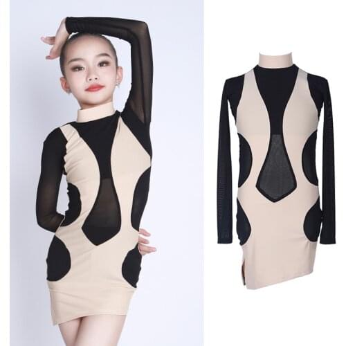 Mesh Latin Dance Dress For Girls Long Sleeve Salsa Dress Designer Clothes Tango Dance Outfit Tap Dance Wear Stage Costume JL3002