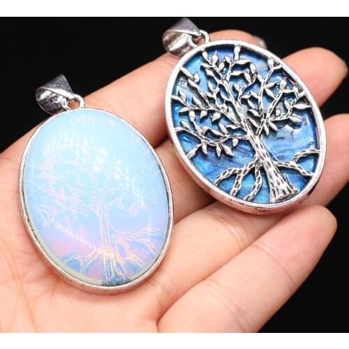 Natural Stone Pendants Tree of Life Silver-plated Opal Crystal for Jewelry Making DIY Necklace Earrings Accessories