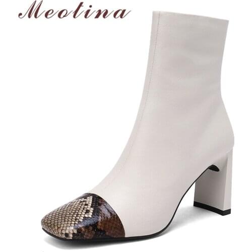 Meotina Genuine Leather Ankle Boots Shoes Women High Thick Heel Boots Square Toe Zipper Ladies Footwear Short Boots Autumn White