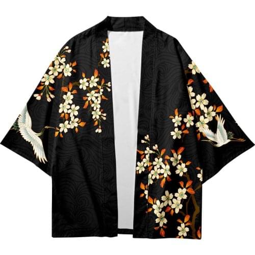 Casual 3D Printed Crane Loose Japanese Cardigan Women Men Harajuku Kimono Cosplay Tops Blouse Yukata Black Clothing