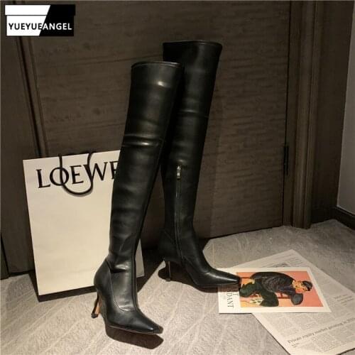 Sexy Women High Heel Over The Knee Boots Genuine Leather Patchwork Stiletto Long Boot Street Square Toe Elastic Thigh High Boot