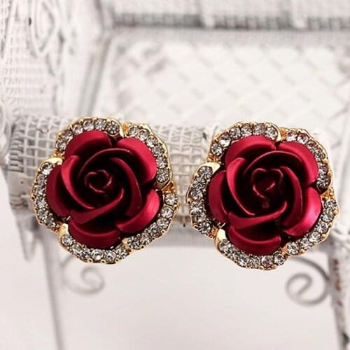 Rose Flower Stud Earrings for Women Fashion Blue Black Round Bouquet Crystal Wedding Flower Rhinestone Jewelry Earring Gift