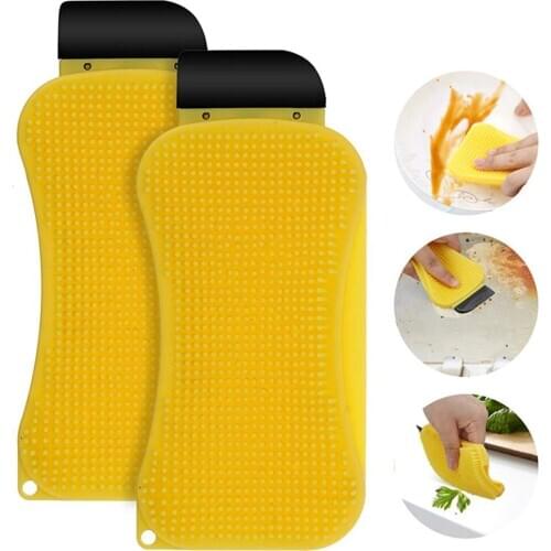 2Pcs Silicone Sponge Brush 3-in-1 Kitchen Multi-functional Utensil Washing Scrubber Water Absorption Scraper Durable Bowl Brush