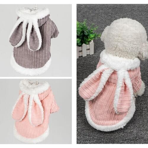 Rabbit Ear Dog Sweater Thickened Teddy Cat Hooded Warm Coat Lamb Wool Pet Cosplay Clothe Casual Pet Four Season Two-Leg Jacket