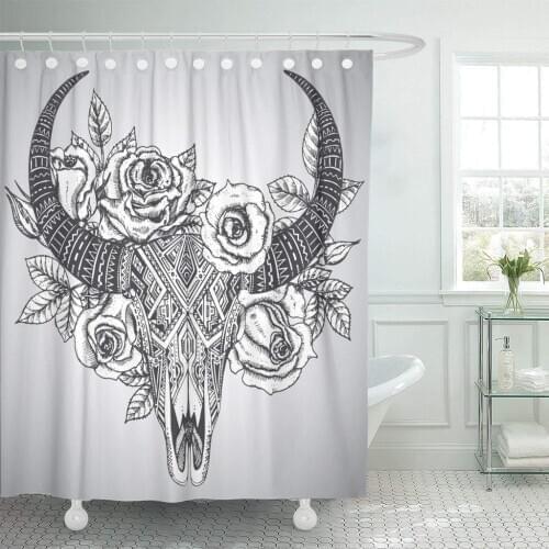 Indian Bull Skull in Tattoo Tribal Flowers Roses Shower Curtain Waterproof Polyester Fabric 60 x 72 Inches Set with Hooks