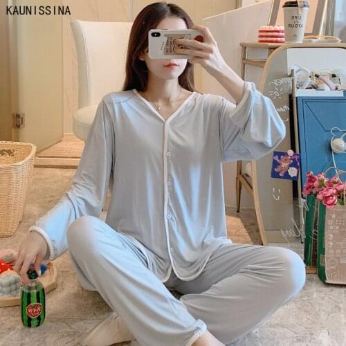 Women Autumn Pajamas Set Maternity Postpartum Nursing Loose Sleepwear Female Modal Long Sleeve V-Neck Nightwear Lounge Clothes