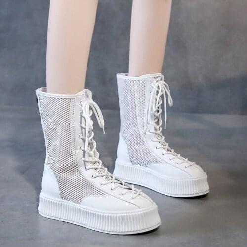 Rimocy New Vogue Women Back Zipper Platform Boots Thick Bottom Breathable Mid Calf Summer Boots Woman Round Toe Lace Up Shoes