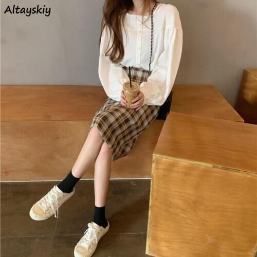Women Sets Elegant Long Sleeve Shirts White Loose Casual All-match Office Lady Plaid High Waist Skirts Chic Streetwear Feminino