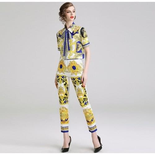 Fashion Runway Designer Women Summer Short Sleeve Retro Print Single-Breasted Bowknot Shirt + Pencil Trousers Pants 2 Piece Set