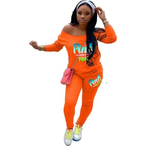 Woman Tracksuit Pink Letter Printed Sexy Two Piece Sets Autumn Tops And Pants 2 Piece Sportswear Fitness Outfits Womens Clothes