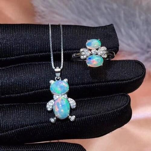 Natural Multicolor opal Ring Pendant Natural Gemstone Jewelry Set S925 Silver elegant Cute bear girls party present gift jewelry