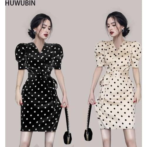 2021 Summer Womens High-End Luxury Temperament Chic V-Neck Show Thin Korean Bubble Sleeve Wave Point Split Hip Fashion Dress