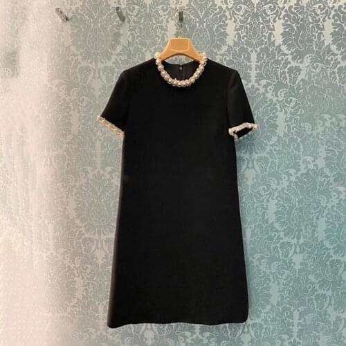 Miu family 2021 spring and summer heavy industry pin bead inlaid diamond round neck A-line short sleeve dress temperament