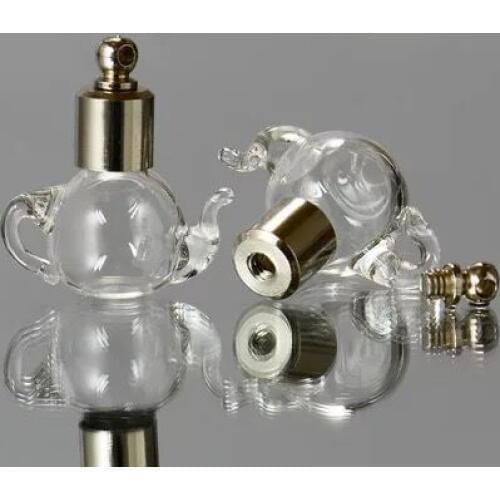 10pcs diy teapot SCREW CAP GLASS Vial Pendants Necklace Perfume Oil Wishing bottle name on rice art clear oil charm glass globe