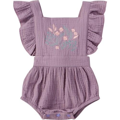 2021 Summer Newborn Baby Girls Clothes Jumpsuit Cotton Casual Floral Embroidery Ruffle Sleeve Bodysuit Toddler Infant Outfit