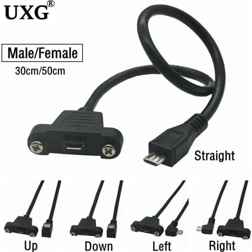 90 degree left Right angle micro-usb port male to female lock connector micro usb panel mount extension cable with screw mount