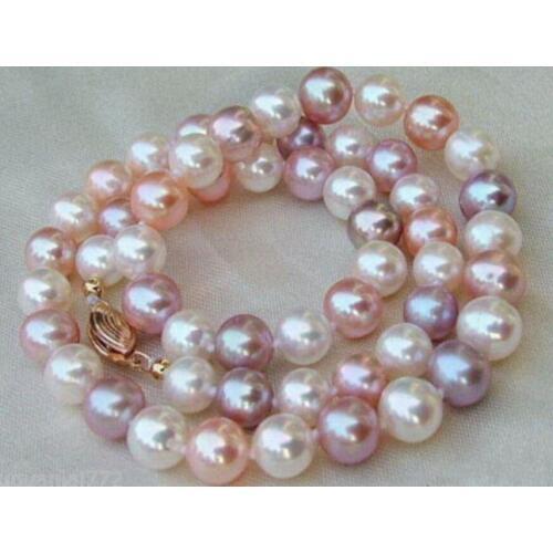 AAA 7-8 MM white purple pink SOUTH SEA Multicolor PEARL NECKLACE 18" 14k