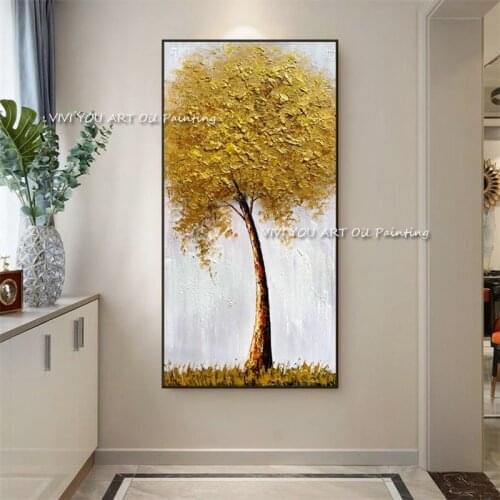 Large Hand-painted Knife Trees Oil Painting On Canvas Palette Golden Yellow Paintings Modern Abstract Wall Art Pictures as Gifts
