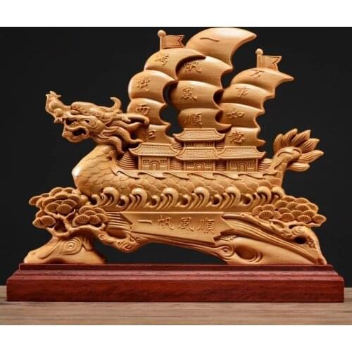Thuja Wood 26CM Dragon Boat Sculpture Decorative Dish Hollow Wood Wealth Carving Lucky Gift Sailboat Collection Home Decor