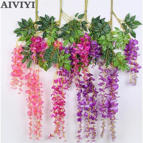 Artificial Wisteria Flower Fake Plastic Plant Vine Hanging Leaves Rattan Home Wedding Wreath Decoration Home Wall Decoration
