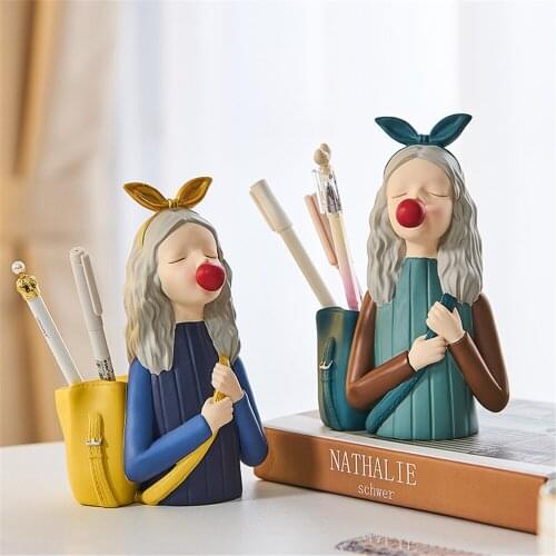 Creative Bubble Girl Pen Storage Box Resin Crafts Ornaments Office Home Living Room Decoration Art Gift