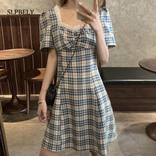 SLPBELY Summer Women Plaid Dress Lovely Square Collar Dress Chic A-line Korean Sweet Girls Party Holiday Dress Trendy Vestido