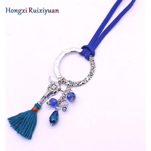 Fashion Long Necklace Retro Alloy Bull Head Tassel Crystal Lady Necklace Leather Rope Circle Shape Alloy Crystal Pendant Jewelry