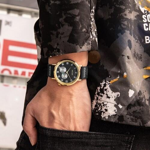 Luxury Brand MEGIR Mens Gold Black Watches Leather Creative Dial Quartz Clock Male 24 Hours Display Waterproof Date Wristwatch