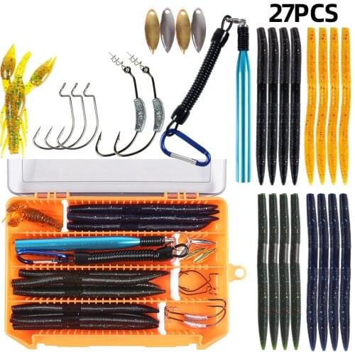 27Pcs/lot Earthworm Fishing Lure Kit Mixed Soft Worm Lure Jig Hooks Fishing Connector Fishing Accessories Set Crank hook