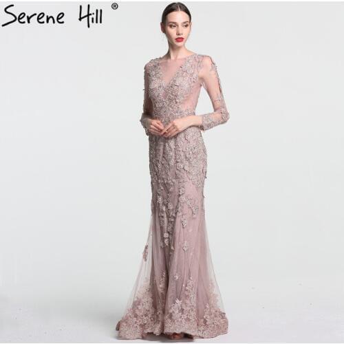 Newest Elegant Mermaid Tulle Long Evening Dresses Pearls Crystal Long Sleeves Evening Party Dress 2020 Real Photo LA6087