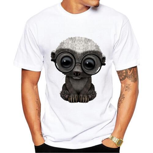 New Arrivals Fashion Cute Nerdy Honey Badger Wearing Glasses Design Mens T Shirt Boy Cool Style Tops Casual T-shirt