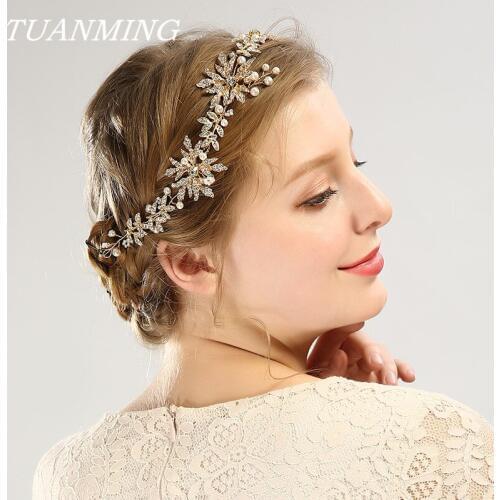 Handmade Bride Hair Band Golden Leaf Wedding Hair Accessories Pearl Rhinestone Hair Wedding Headbands For Bride Hair Jewelry