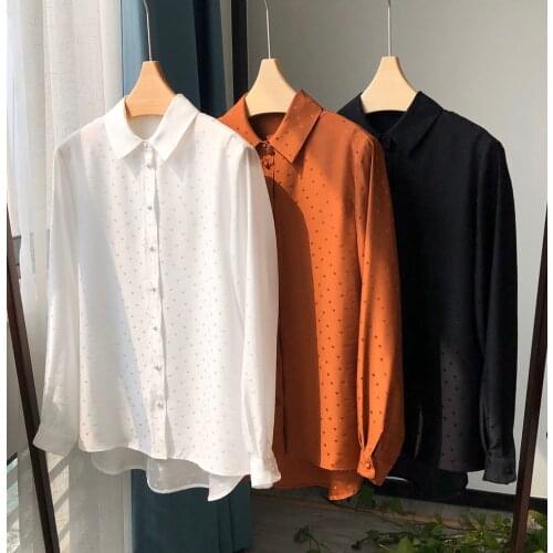 Limited Sale - Elfbop 100% Silk Caramel/White/Black Dots Long Sleeve Blouse Shirt