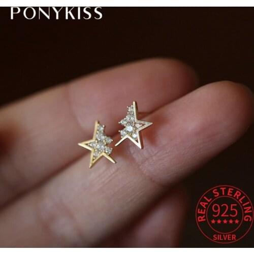 PONYKISS Trendy 925 Sterling Silver Star Zircon 14K Gold Stud Earrings For Women Romantic Fine Jewlry Girls Gift Drop Shipping