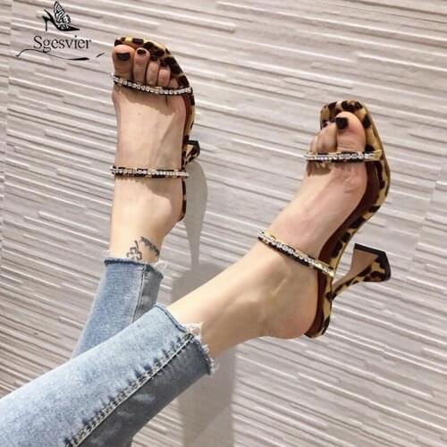 Sgesvier 2021 New Fashion Women Rhinestone Slippers Sandals Strange Cup Heels Sexy Leopard Print Square Toe Ladies Dress Shoes