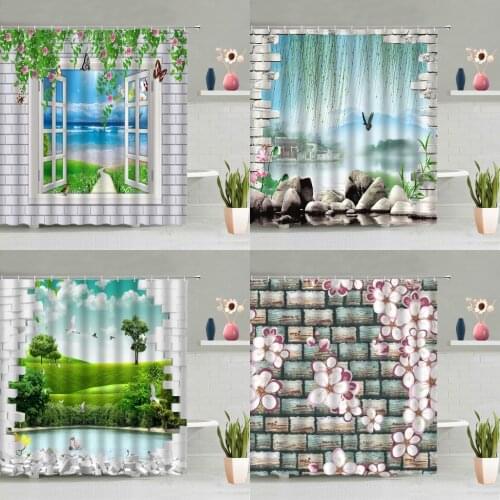 Window View Shower Curtain Green Vine Flowers Plants 3D Brick Wall Ocean Butterfly Nature Scenery Bathtub Decor Screen Washable
